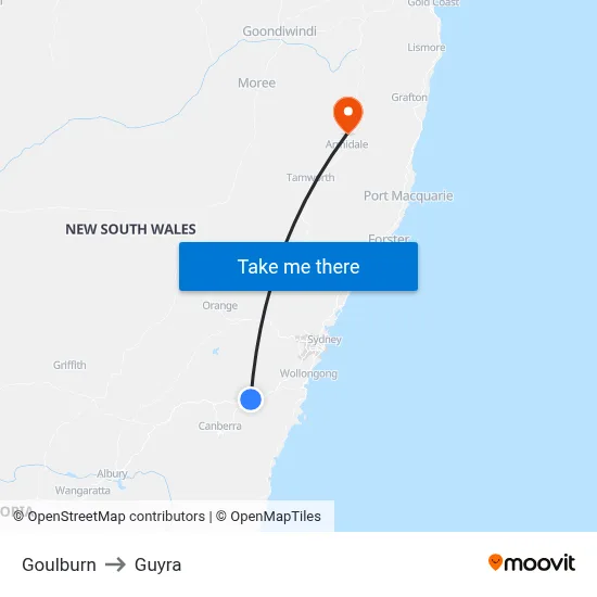 Goulburn to Guyra map