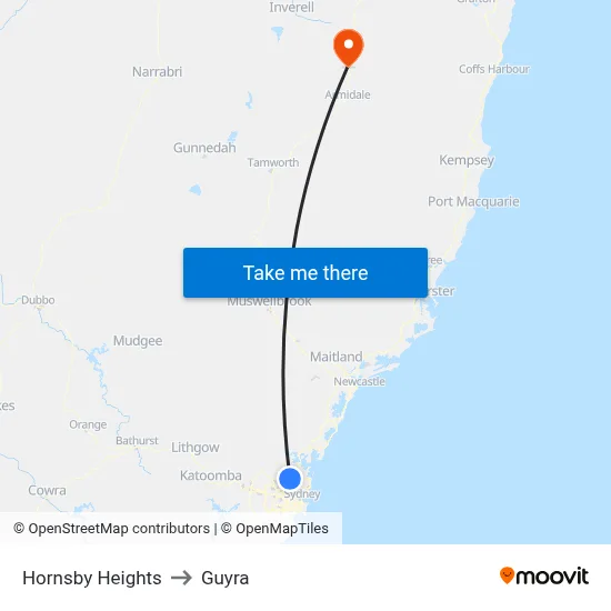 Hornsby Heights to Guyra map
