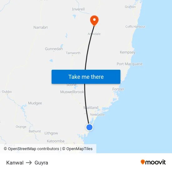 Kanwal to Guyra map
