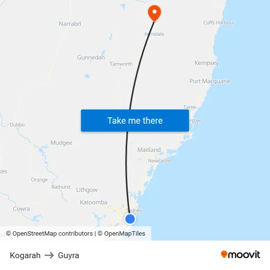 Kogarah to Guyra map