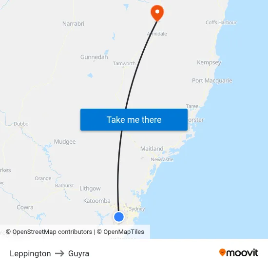 Leppington to Guyra map
