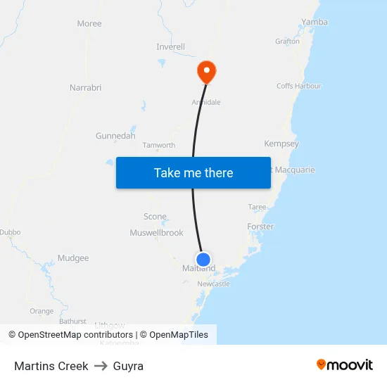 Martins Creek to Guyra map