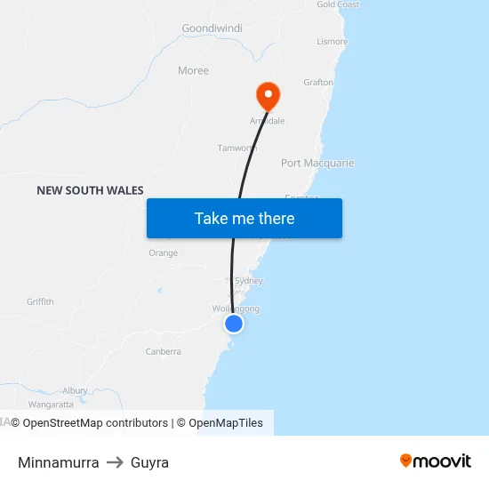 Minnamurra to Guyra map