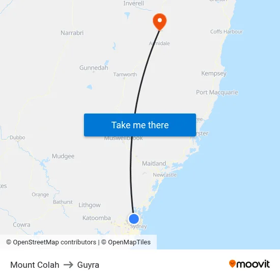 Mount Colah to Guyra map