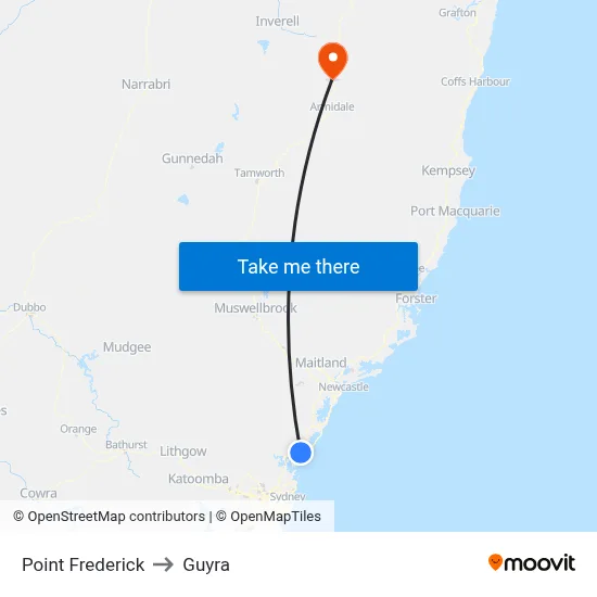 Point Frederick to Guyra map