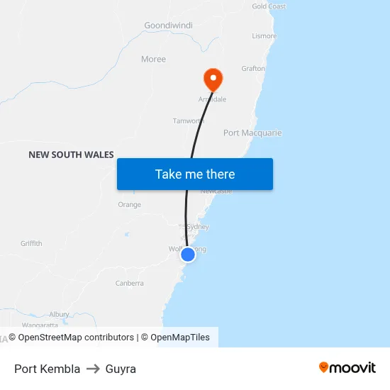 Port Kembla to Guyra map