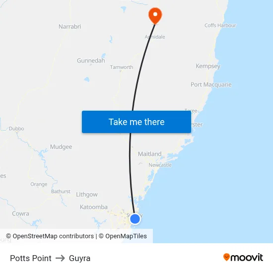 Potts Point to Guyra map