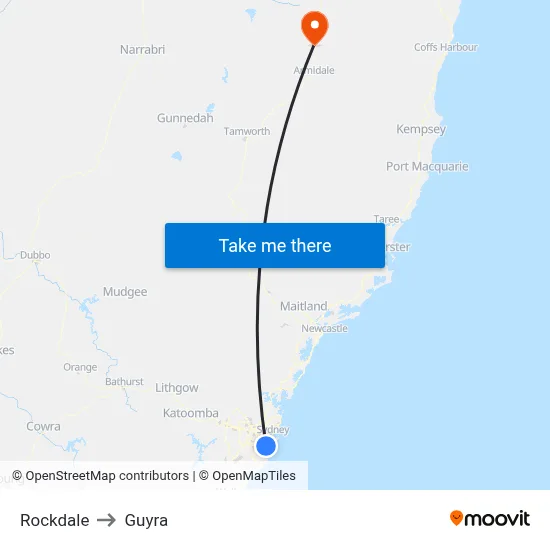 Rockdale to Guyra map