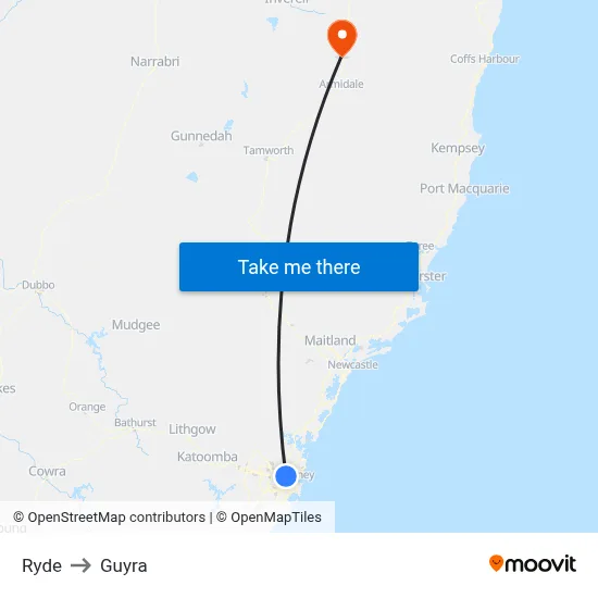 Ryde to Guyra map