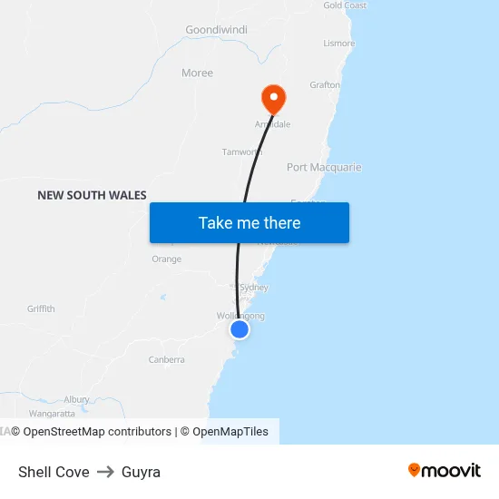 Shell Cove to Guyra map