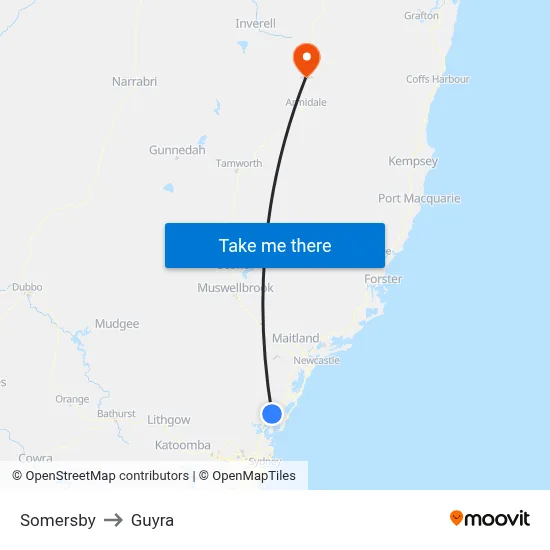 Somersby to Guyra map