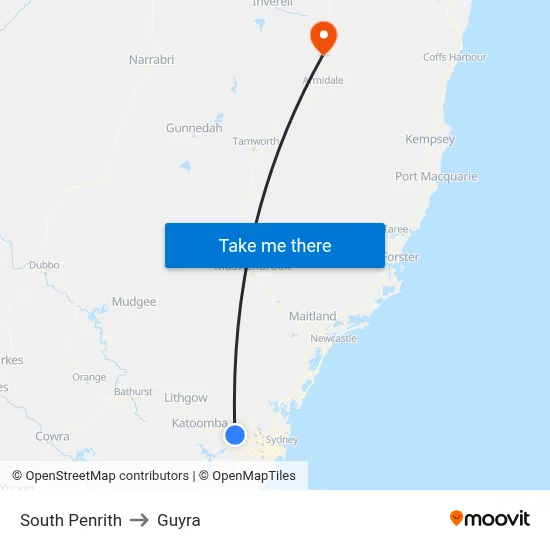 South Penrith to Guyra map