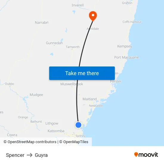 Spencer to Guyra map