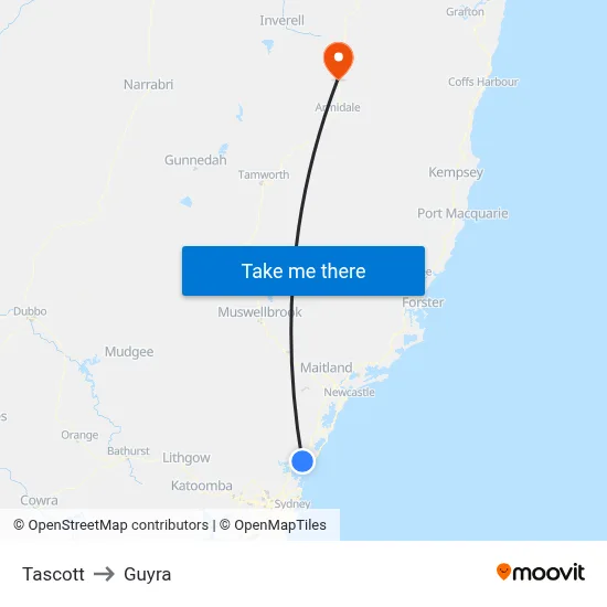 Tascott to Guyra map