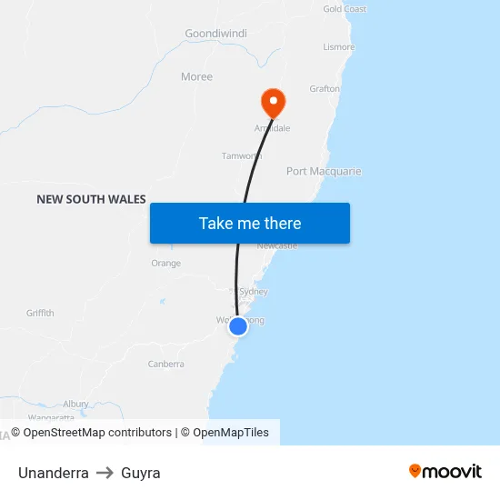 Unanderra to Guyra map