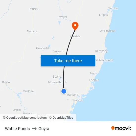 Wattle Ponds to Guyra map