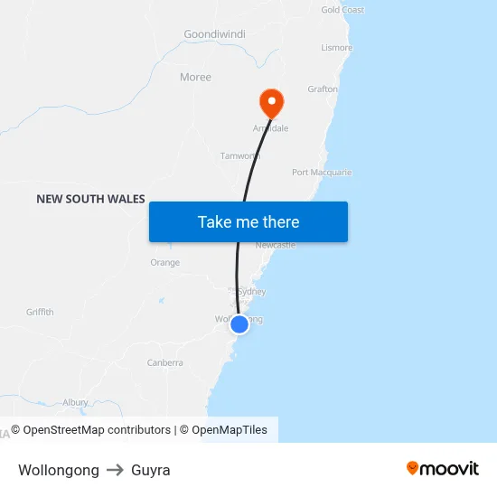 Wollongong to Guyra map