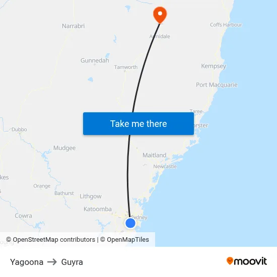Yagoona to Guyra map