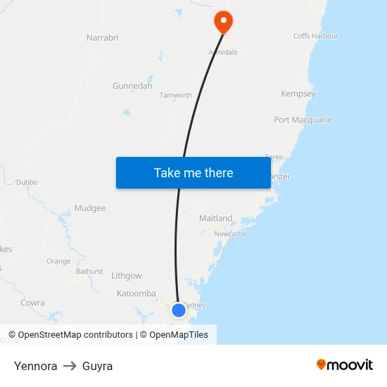 Yennora to Guyra map