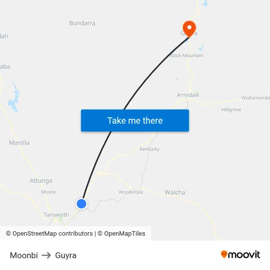 Moonbi to Guyra map