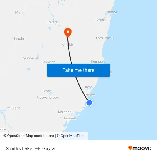Smiths Lake to Guyra map