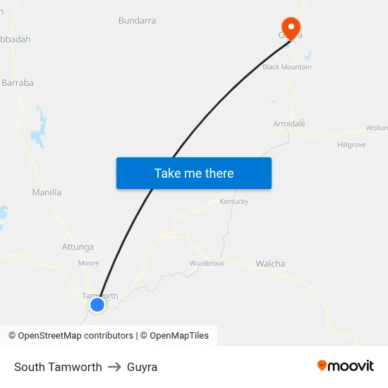 South Tamworth to Guyra map