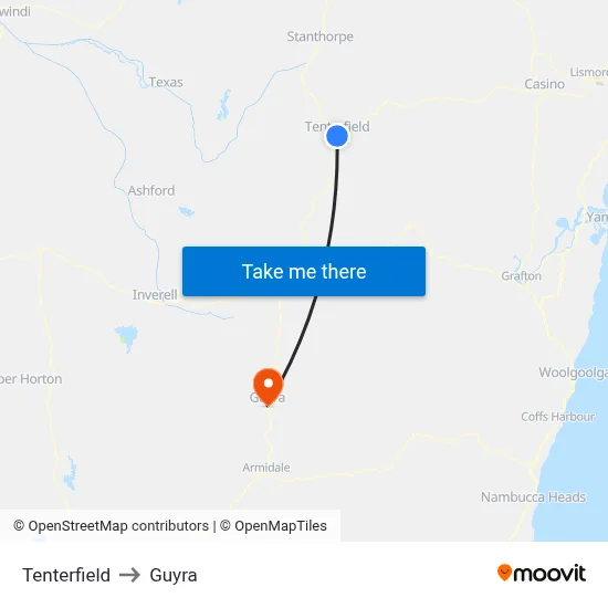 Tenterfield to Guyra map