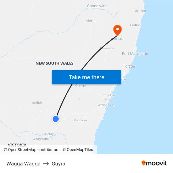 Wagga Wagga to Guyra map