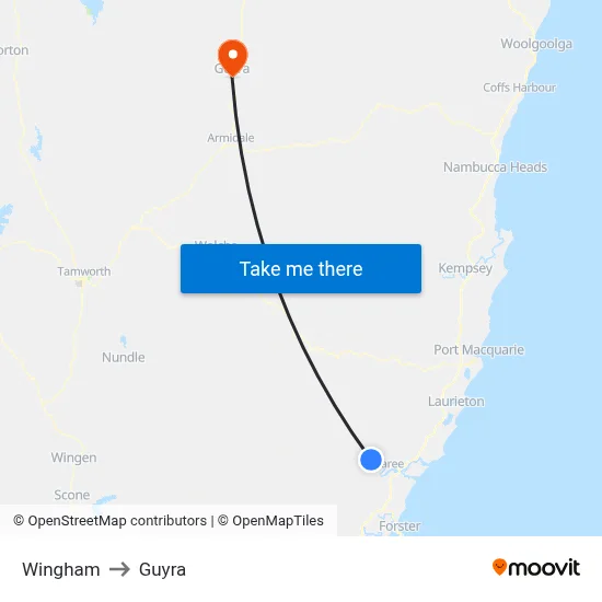 Wingham to Guyra map