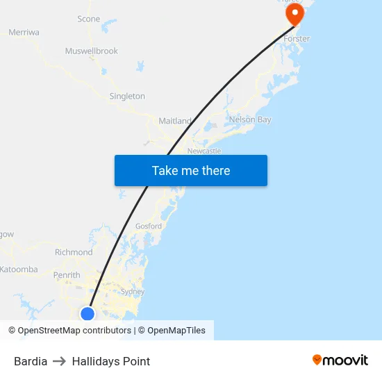 Bardia to Hallidays Point map