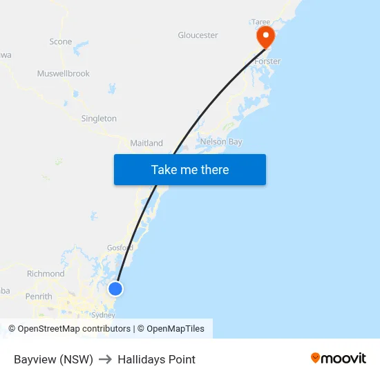 Bayview (NSW) to Hallidays Point map