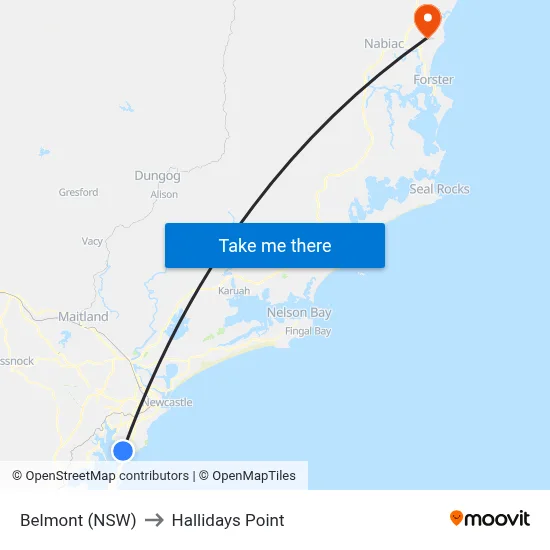 Belmont (NSW) to Hallidays Point map