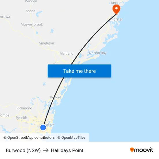 Burwood (NSW) to Hallidays Point map