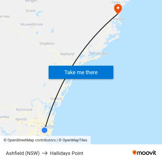 Ashfield (NSW) to Hallidays Point map