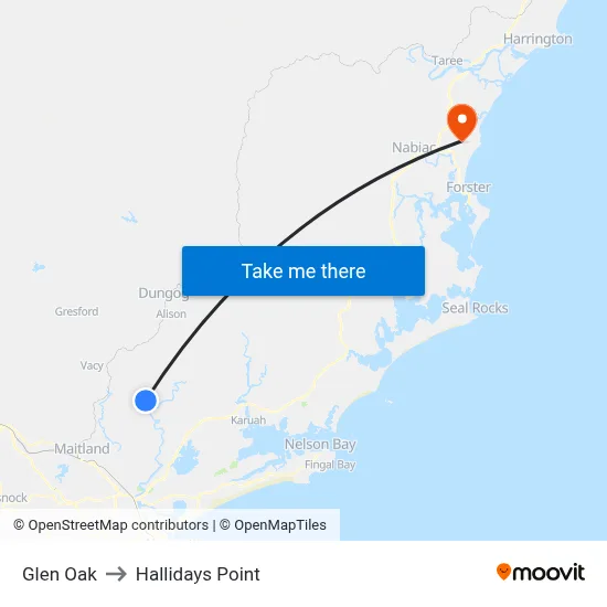 Glen Oak to Hallidays Point map