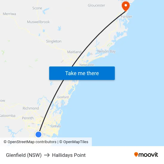 Glenfield (NSW) to Hallidays Point map