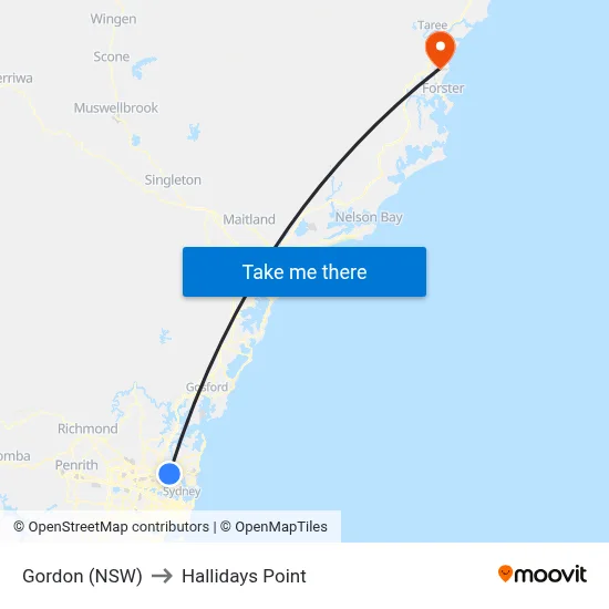 Gordon (NSW) to Hallidays Point map