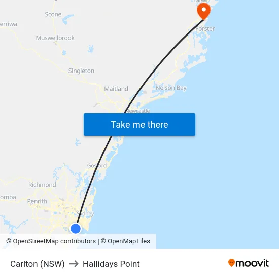 Carlton (NSW) to Hallidays Point map