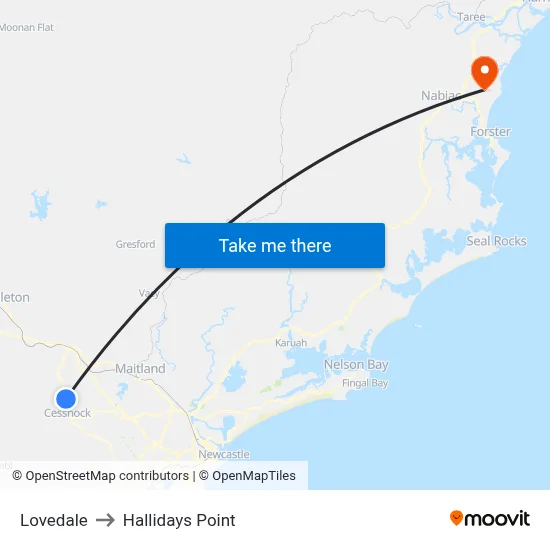 Lovedale to Hallidays Point map