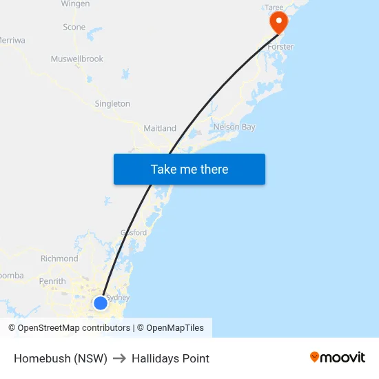 Homebush (NSW) to Hallidays Point map