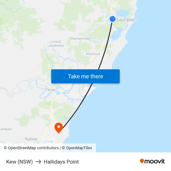 Kew (NSW) to Hallidays Point map