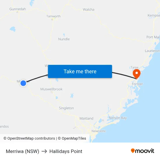 Merriwa (NSW) to Hallidays Point map