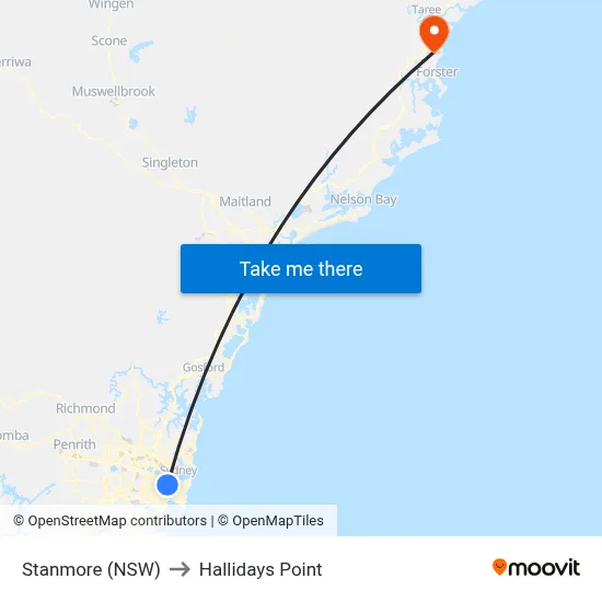 Stanmore (NSW) to Hallidays Point map