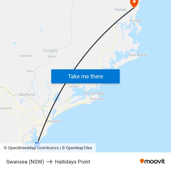 Swansea (NSW) to Hallidays Point map
