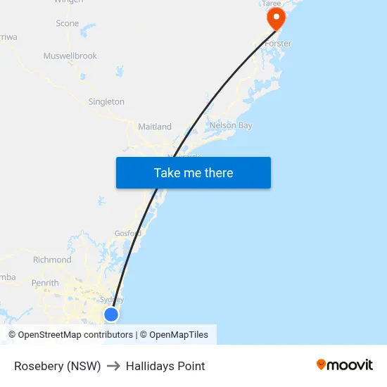 Rosebery (NSW) to Hallidays Point map
