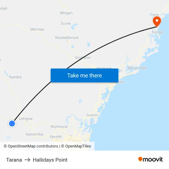 Tarana to Hallidays Point map