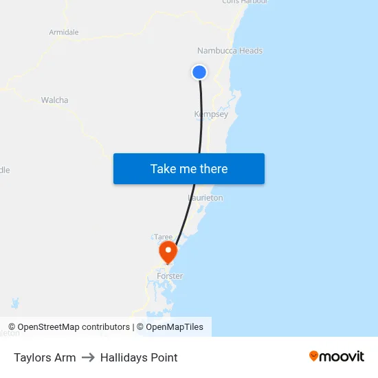 Taylors Arm to Hallidays Point map