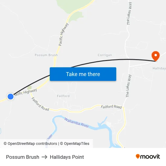 Possum Brush to Hallidays Point map