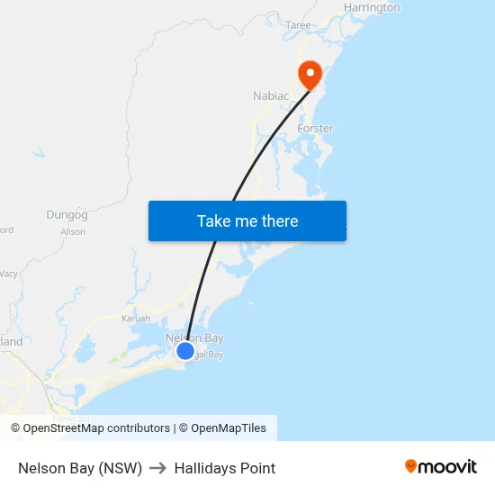 Nelson Bay (NSW) to Hallidays Point map