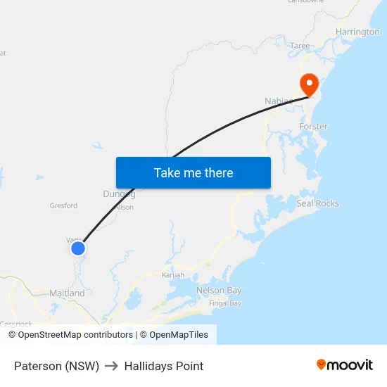 Paterson (NSW) to Hallidays Point map